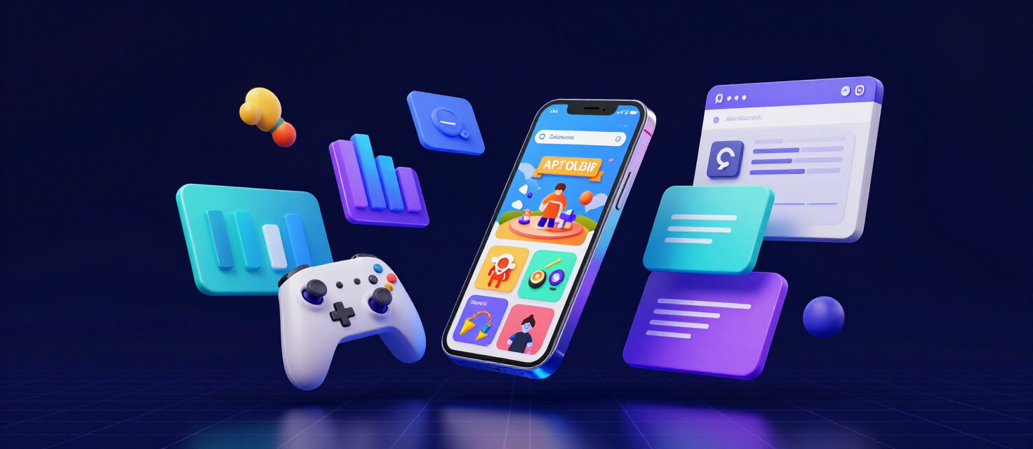 Original 3D illustration of KNN Global's craft: a smartphone running a mobile game surrounded by app interfaces, analytics, and design tools
