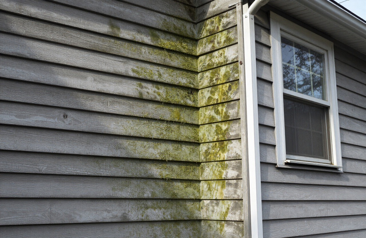 East Rutherford NJ home exterior with green mold and mildew growth on shaded siding