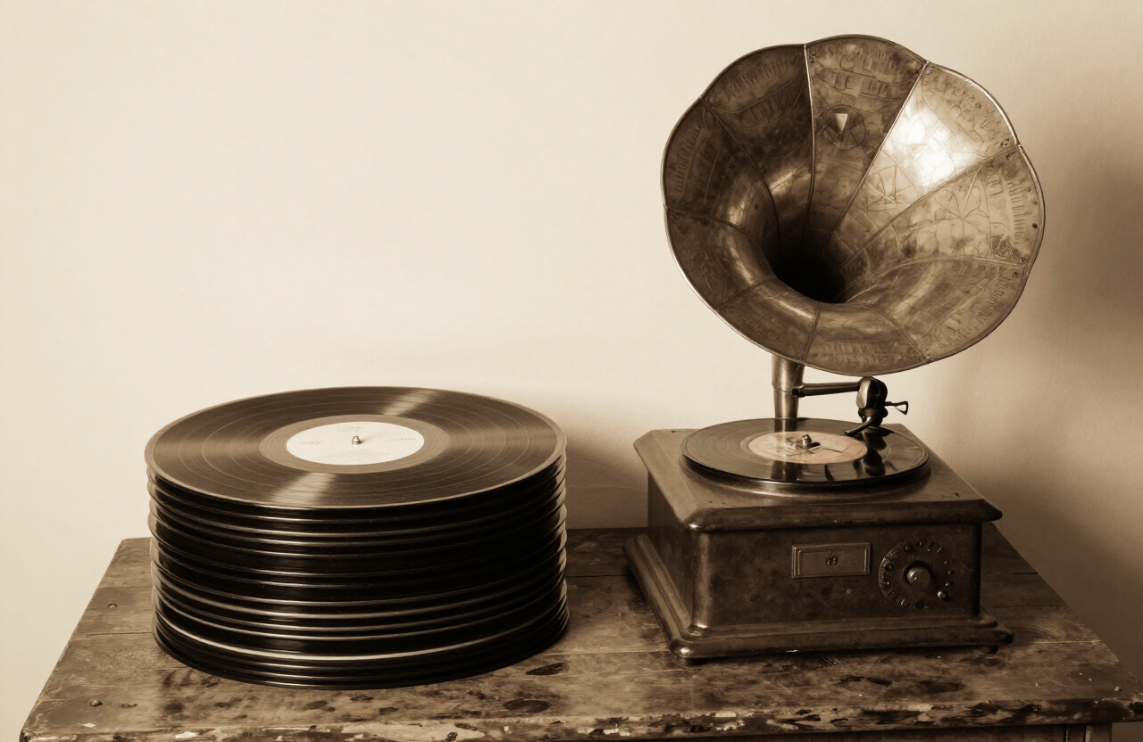 Vintage 78 rpm shellac records stacked beside an early 1920s wind-up gramophone with a brass horn