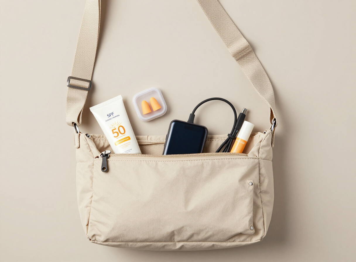 Organized festival comfort kit inside a bag with sunscreen, earplugs, a portable power bank, lip balm, and a first-aid pouch