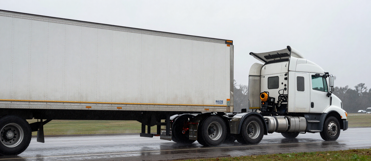Jackknifed tractor-trailer on a wet Kansas City highway with the trailer folded against the cab
