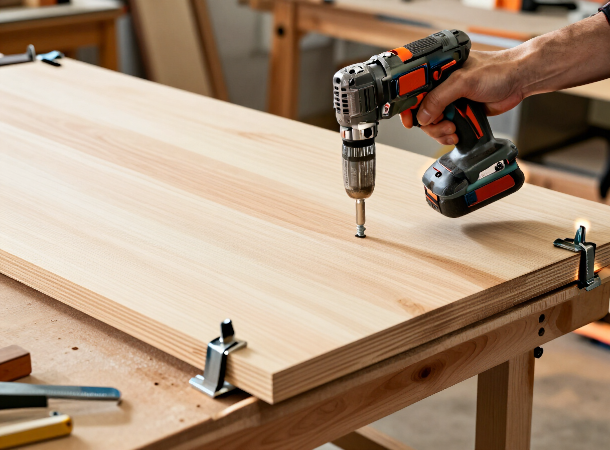 A woodworker attaching a thick laminated wooden worktop to a workbench base frame using a cordless drill, clamps holding the top in place