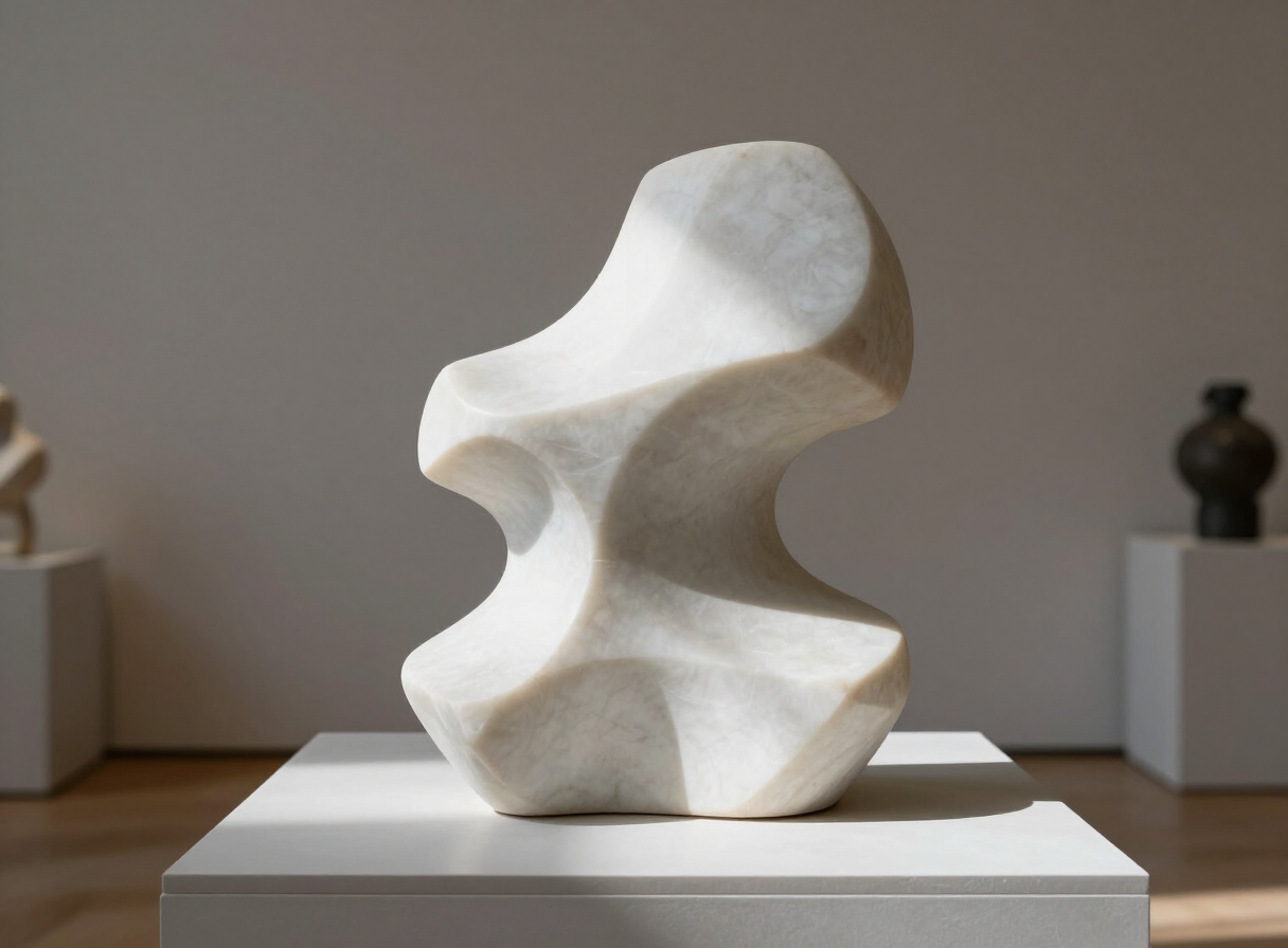 A smooth white marble abstract sculpture lit by a shaft of daylight