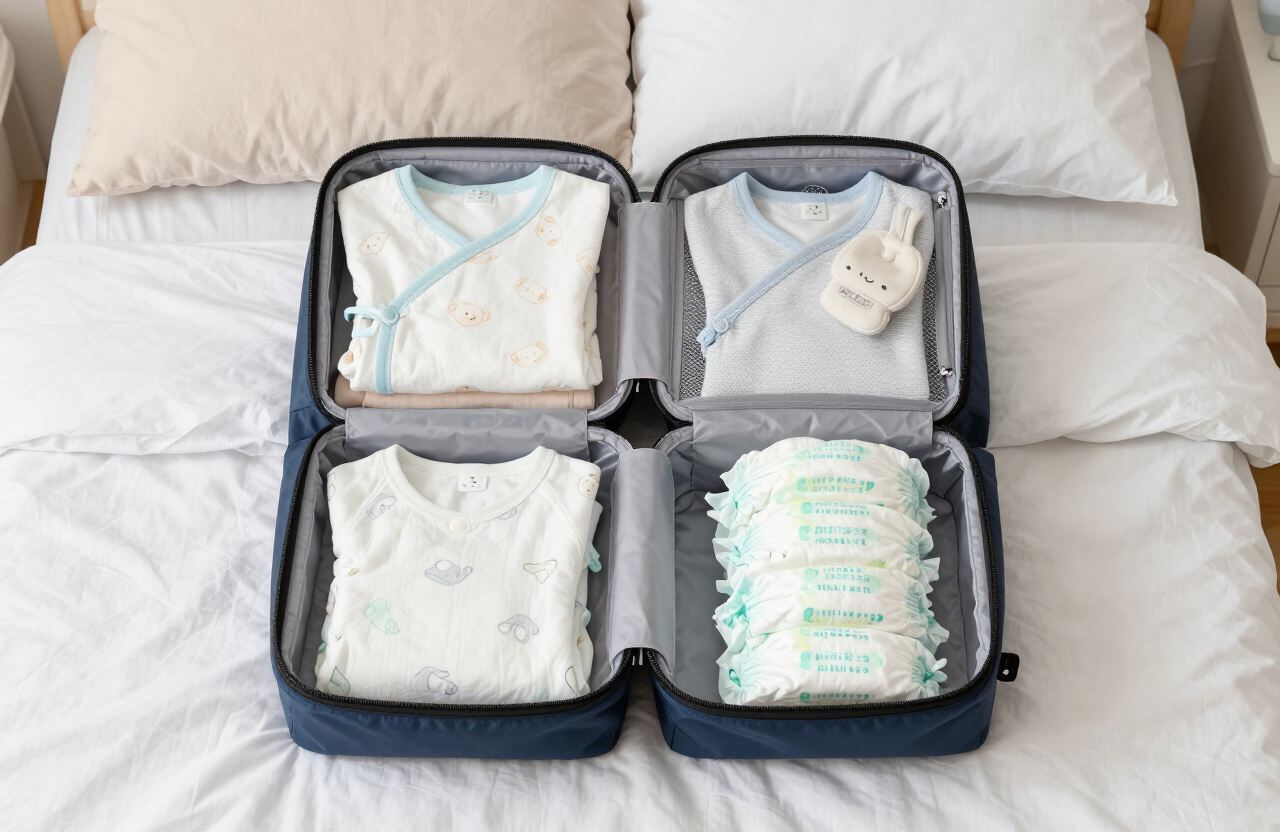 Maleta para el hospital abierta sobre una cama con ropa de bebé y pañales listos para el parto