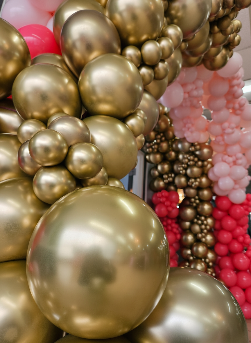 Chrome gold balloon wall with pink and red organic garlands