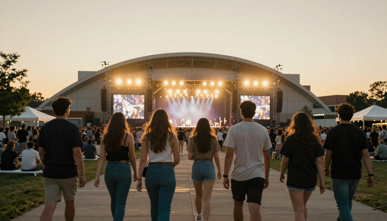 Group of friends approaching a concert venue at sunset with stage lights glowing ahead.