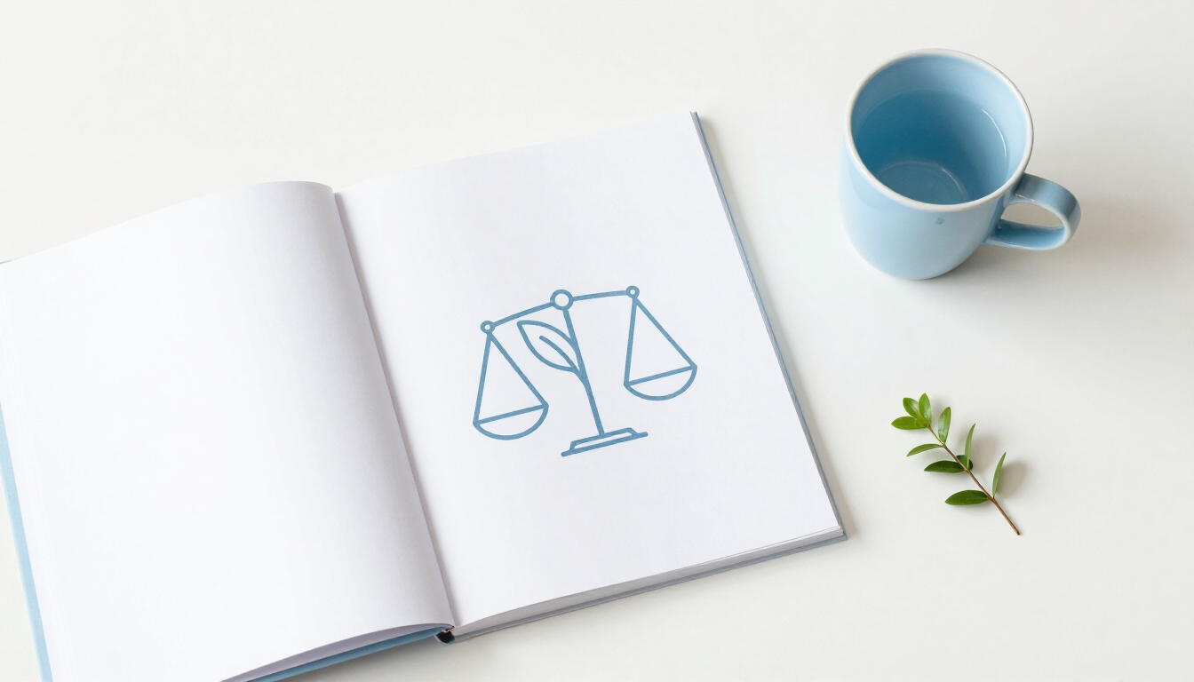 Documento minimalista con simbolo geometrico ceruleo di bilancia e foglia su scrivania bianca, a rappresentare l'equilibrio tra profitto e beneficio comune