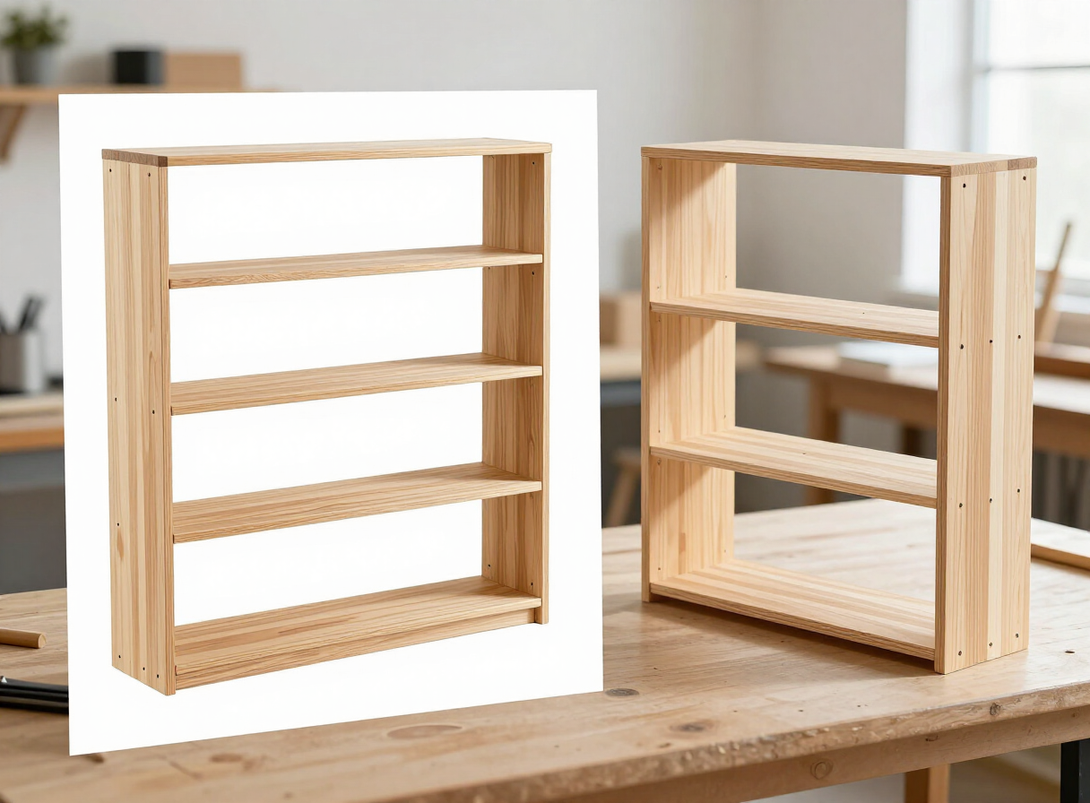 An exploded-view assembly diagram on paper showing separated wooden bookshelf components and how they fit together, beside a half-built wooden bookshelf frame on a workbench in a bright workshop