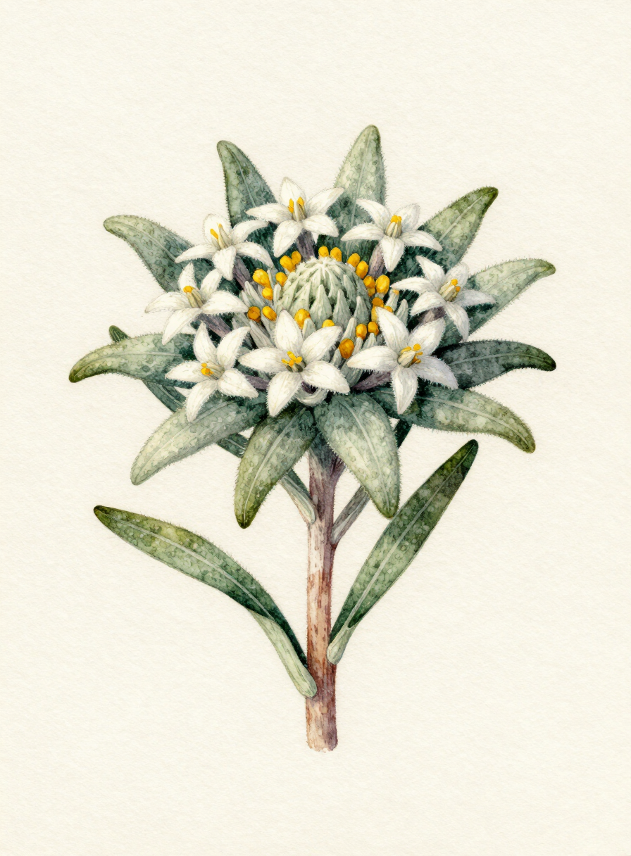 Watercolor painting of a white Edelweiss
