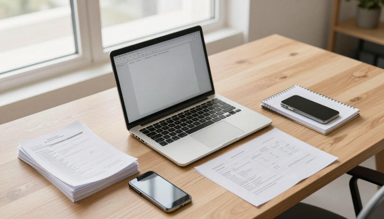 A desk with a laptop, printed receipts and a phone photographing a document
