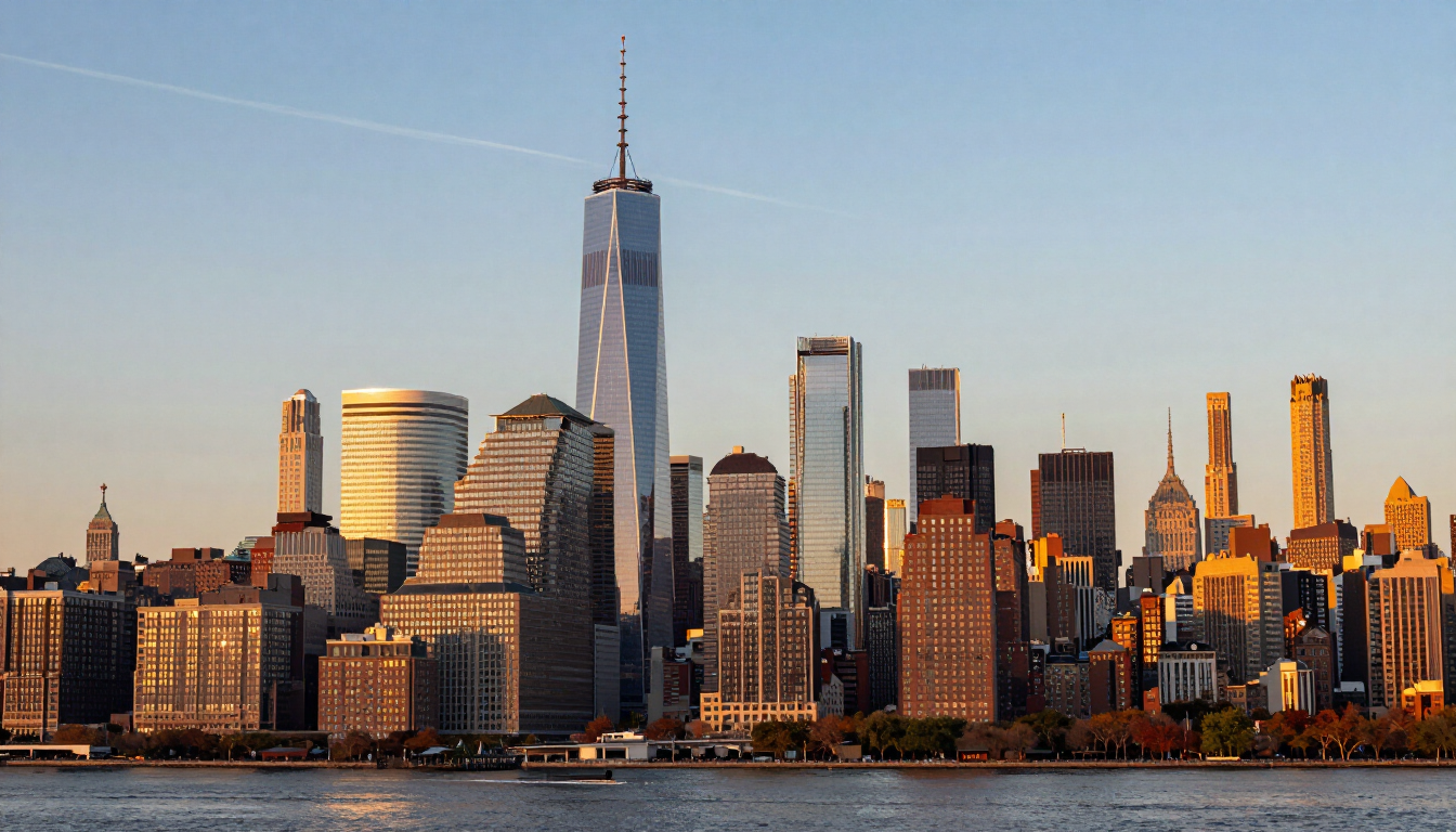 Vista do horizonte de Nova York ao pôr do sol, destino de viagem nos Estados Unidos