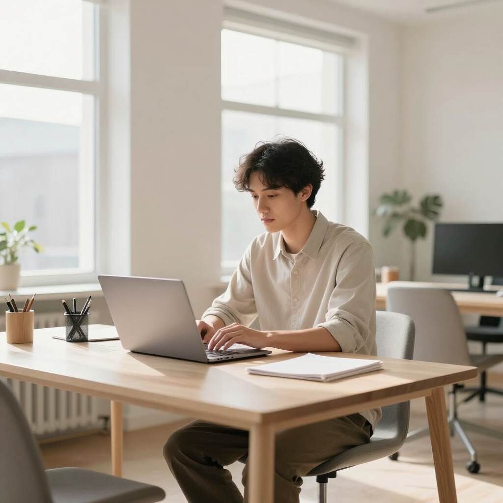An entrepreneur working on a laptop in a brightly lit, modern office with soft sunlight