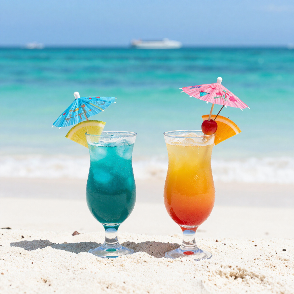 Two tropical cocktails with paper umbrellas on white sand at a Bali beach