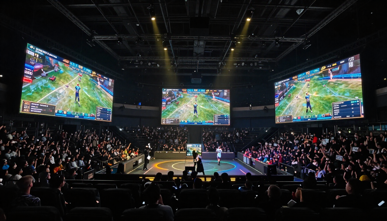 Arena esports besar dengan penonton menyaksikan turnamen gaming online
