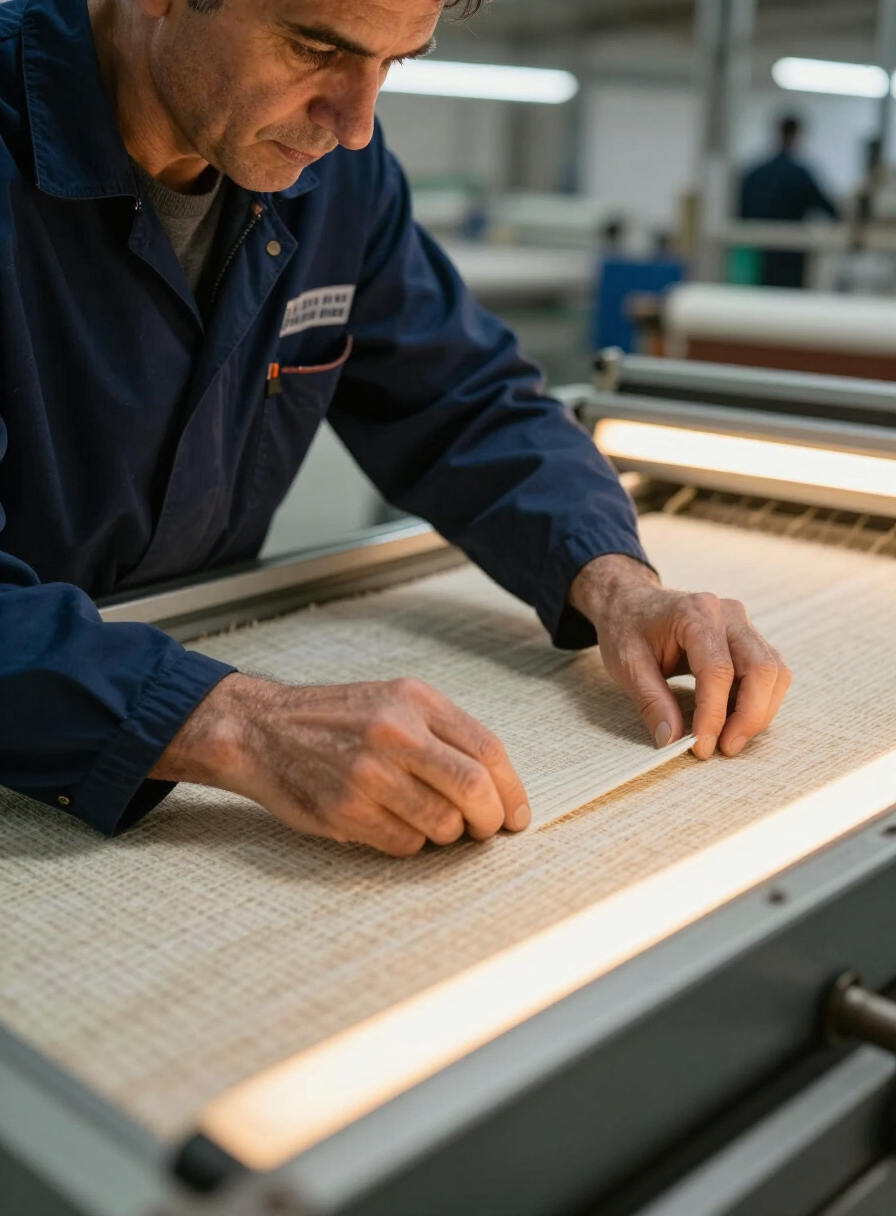 Technician inspecting woven horsehair interlining on an illuminated frame