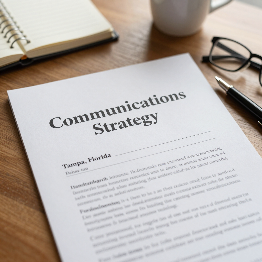 Printed communications strategy document on a desk with pen and notebook