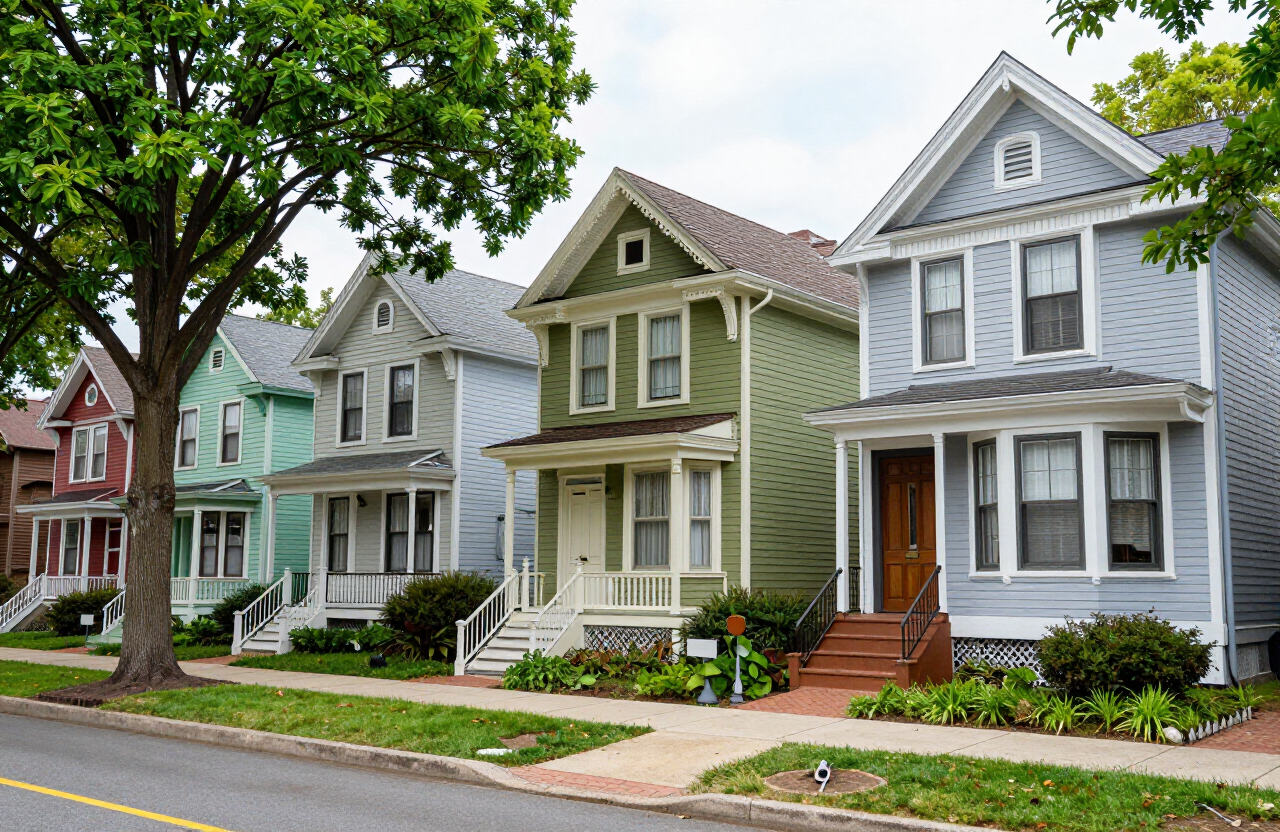 Tree-lined residential street in Rutherford NJ with coordinated historic Victorian and Craftsman homes