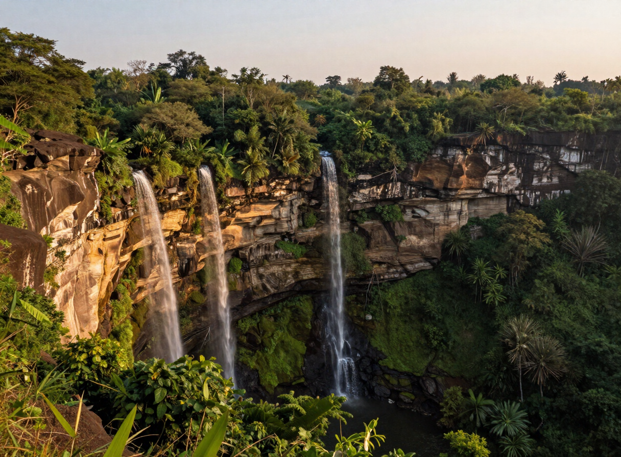 Tebing dramatis dan air terjun di Ciletuh-Palabuhanratu UNESCO Global Geopark dekat Pelabuhan Ratu, Jawa Barat