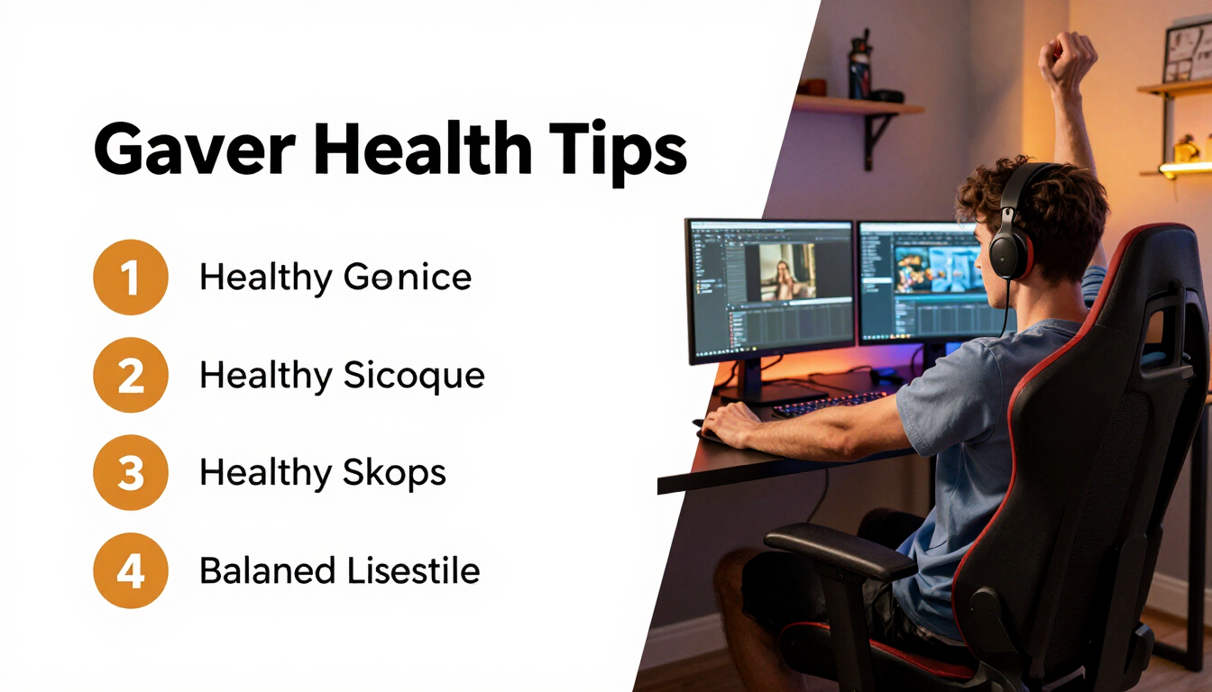 Setup gaming ergonomis dengan gamer melakukan peregangan dan makanan sehat di sekitar meja