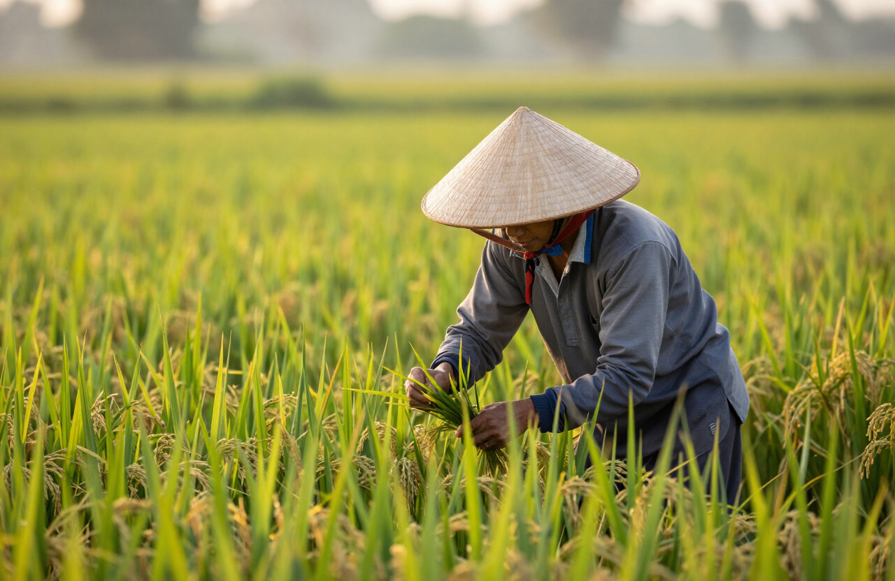 Vietnamese farmer in a rice paddy at sunrise