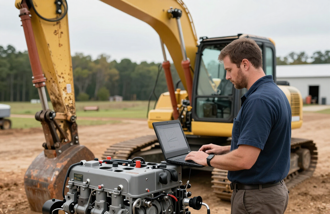 Diesel mechanic performing on-site engine diagnostics on heavy equipment with a laptop