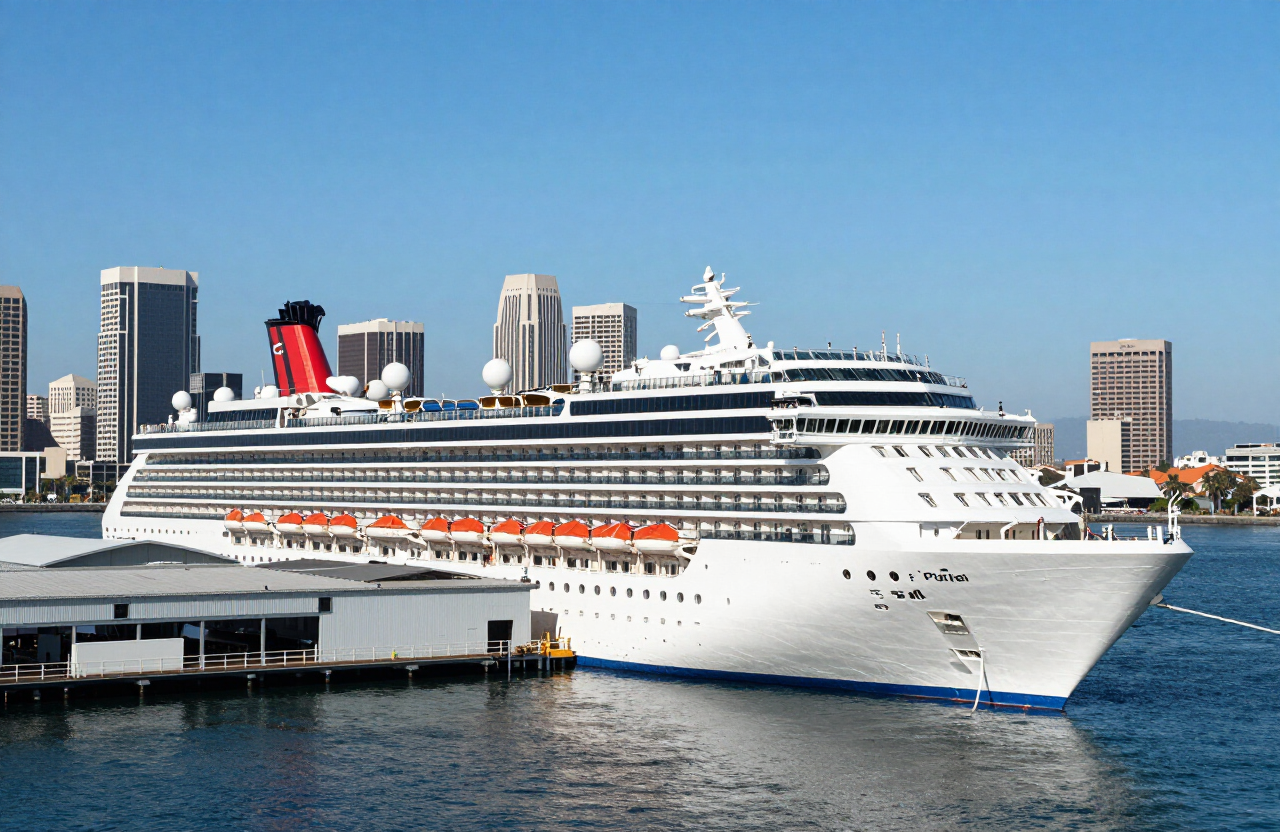Cruise ship docked at the B Street cruise terminal on San Diego Bay, with the downtown San Diego skyline in the background