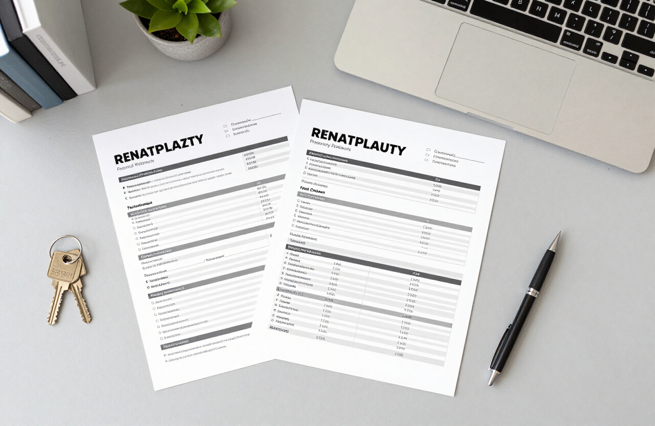 Printed rental property worksheets, keys, and a pen on a desk in an Austin home office