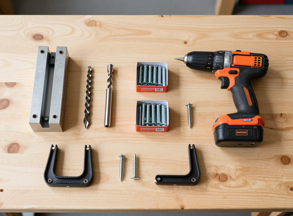 A pocket hole jig kit laid out on a wooden workbench — the jig, stepped drill bit with depth collar, a box of pocket screws, a cordless drill, and two bar clamps, organized flat lay