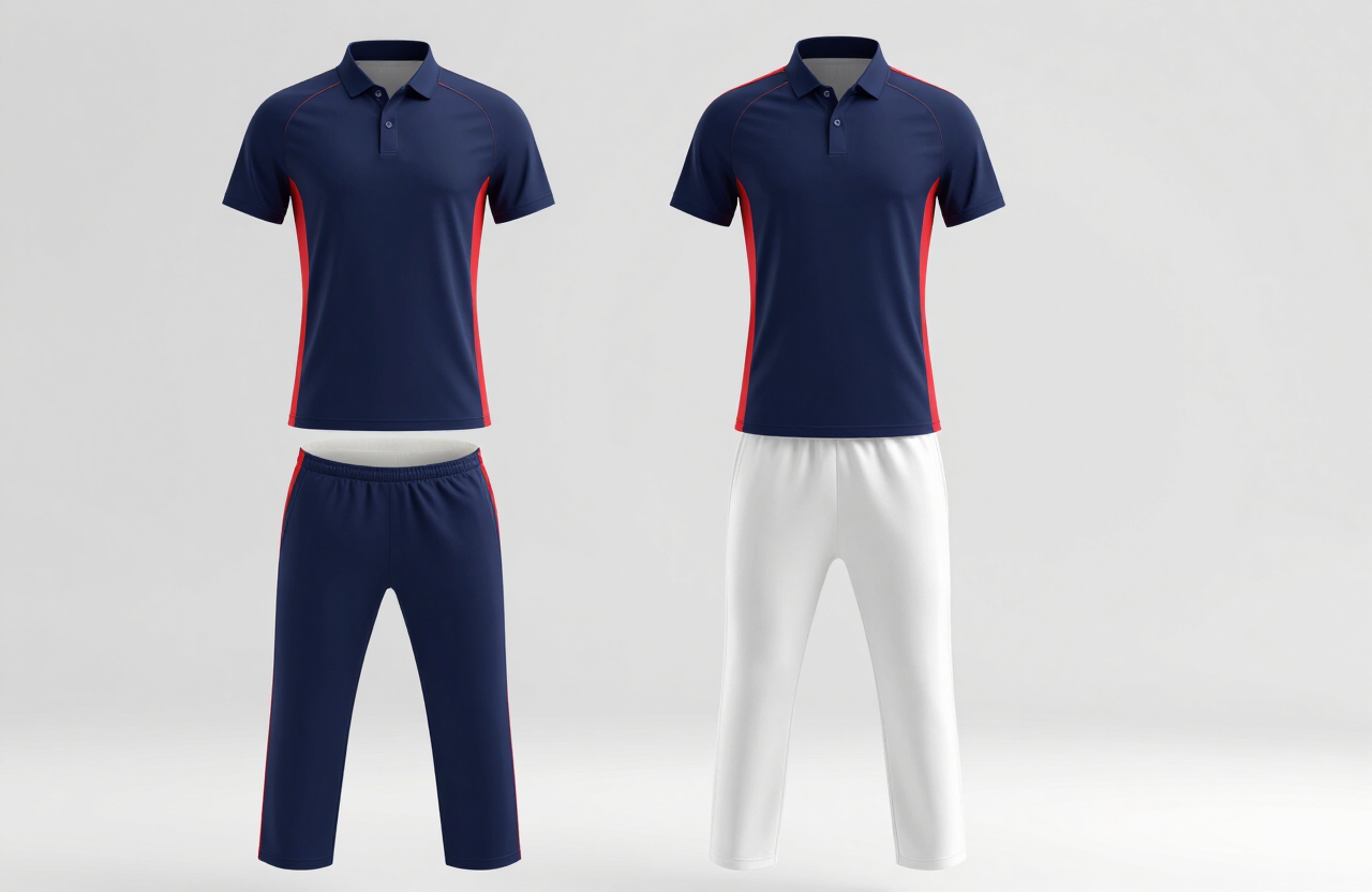 Custom navy cricket uniform with red side panels on a mannequin