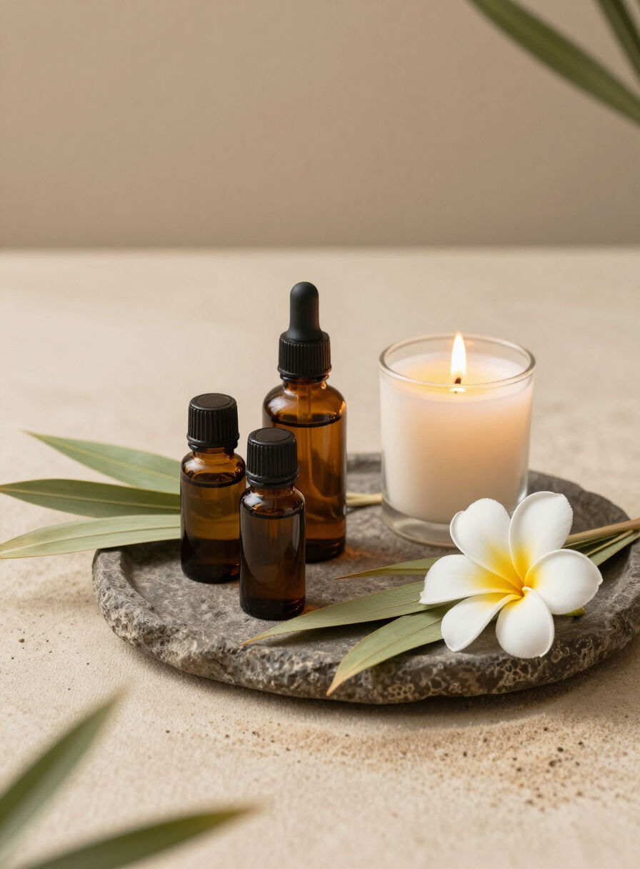 Aromatherapy oil bottles, a lit candle and frangipani on a stone tray during a Balinese massage in Bali