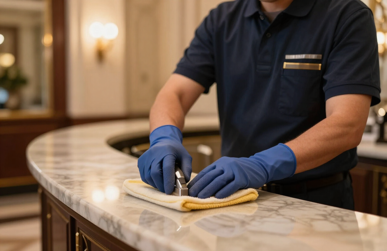 Schoonmaker van SULANTIS reinigt een werkplek in een modern kantoor