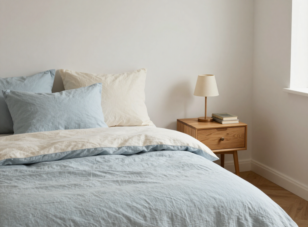 Cozy bedroom with linen bedding in chalky blue and a wooden bedside table