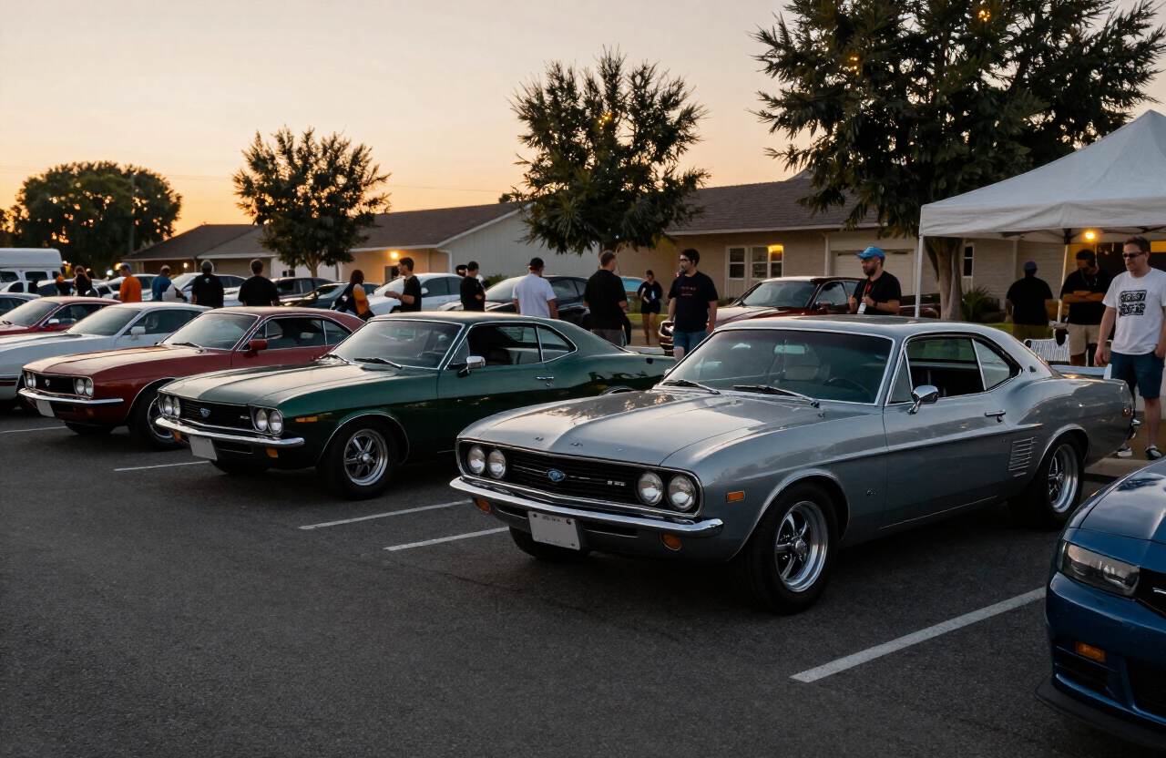 Car enthusiasts gathered around classic muscle cars at an evening meet