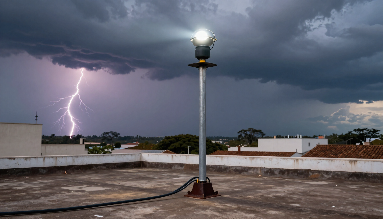 Sistema de Proteção contra Descargas Atmosféricas (SPDA) instalado no telhado de uma indústria em Rondonópolis com céu tempestuoso ao fundo