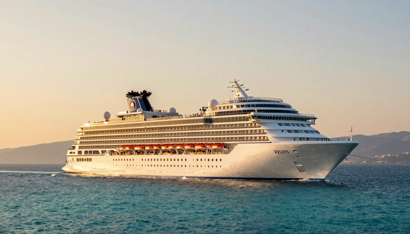 MSC cruise ship sailing near a Mediterranean coastline at sunset