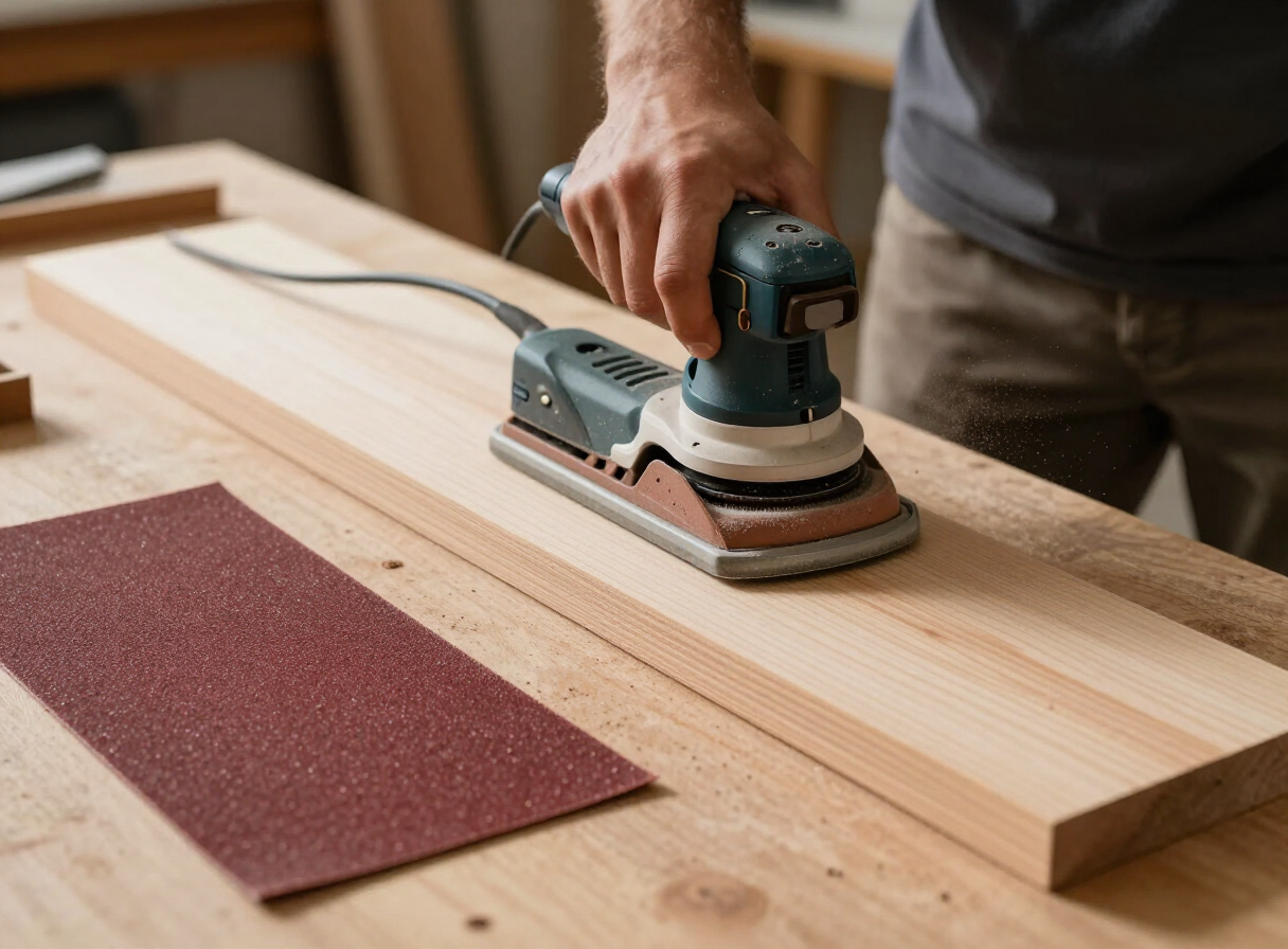 A woodworker using a random orbital sander on a wooden board, fine dust rising, sheets of sandpaper in 120/180/220 grits laid beside the board, warm workshop lighting