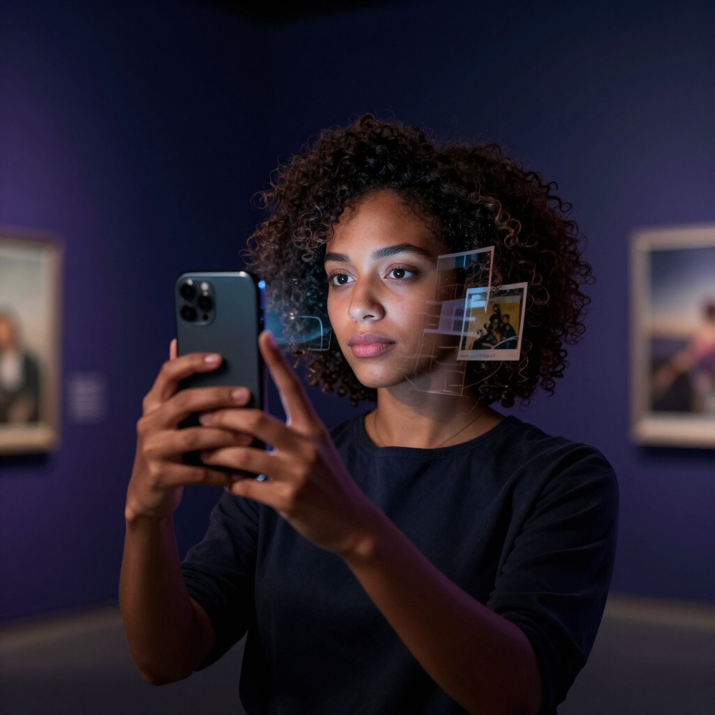 Pessoa fazendo uma selfie enquanto fragmentos de memórias e reflexos surgem ao redor do rosto e do celular