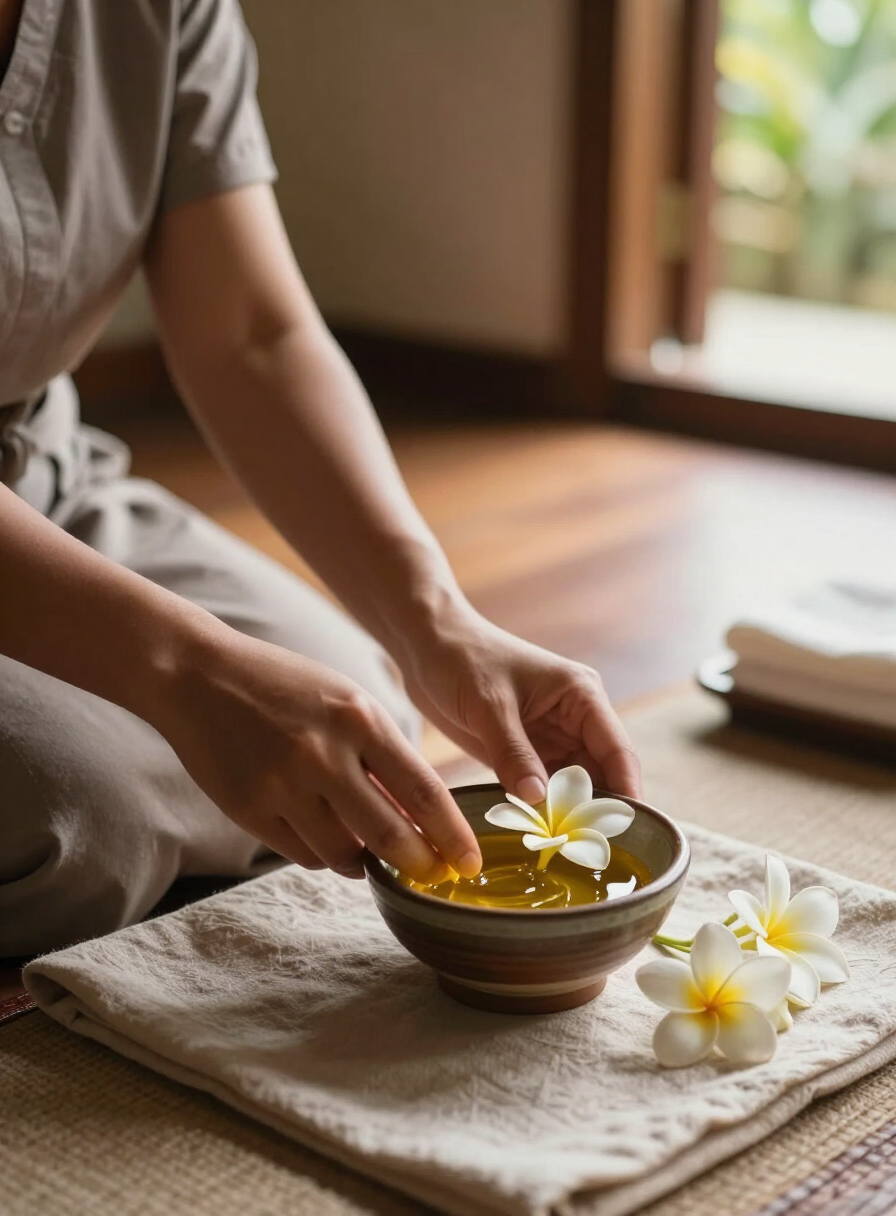 A Balinese therapist’s hands preparing golden massage oil with frangipani and jasmine