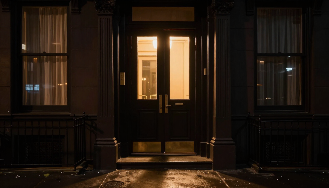 A discreet black townhouse entrance on West 17th Street at night