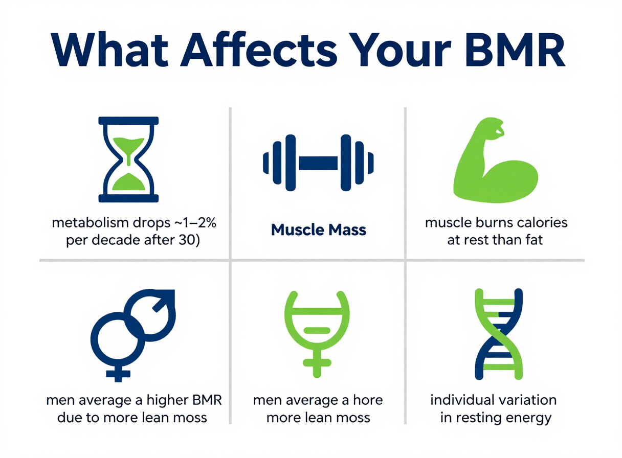 Infographic titled What Affects Your BMR with four icon panels: Age, Muscle Mass, Gender, and Genetics