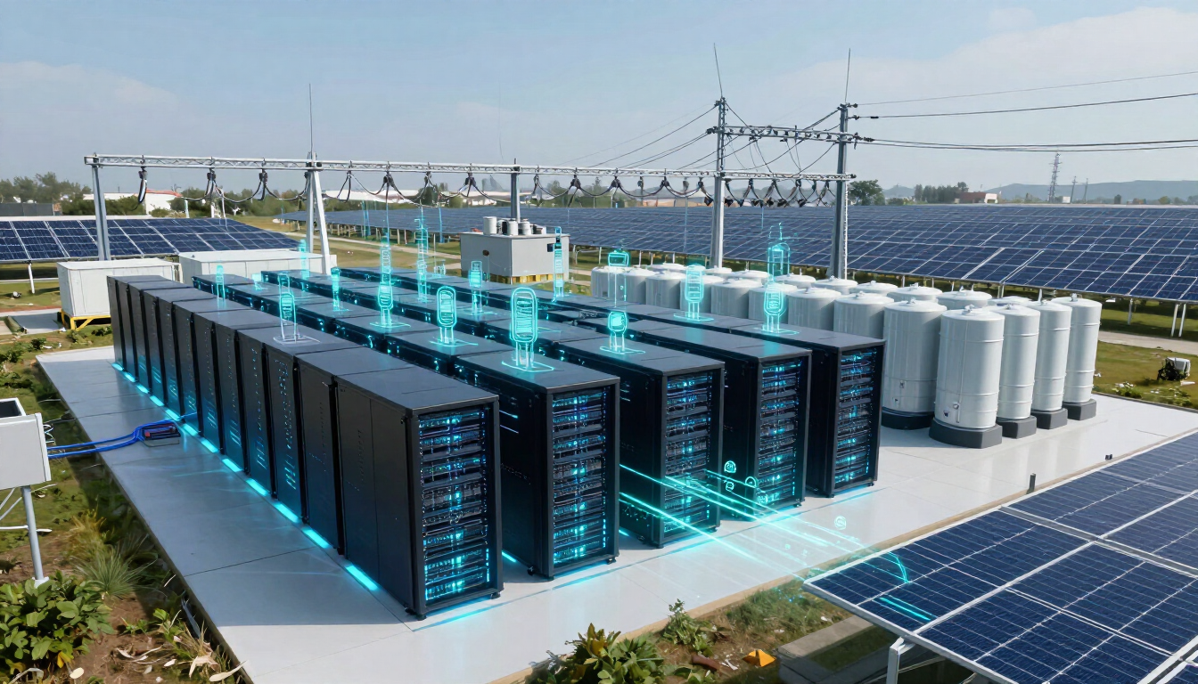 Centro de datos de IA conectado a la red eléctrica, con paneles solares, baterías de almacenamiento y nodos digitales