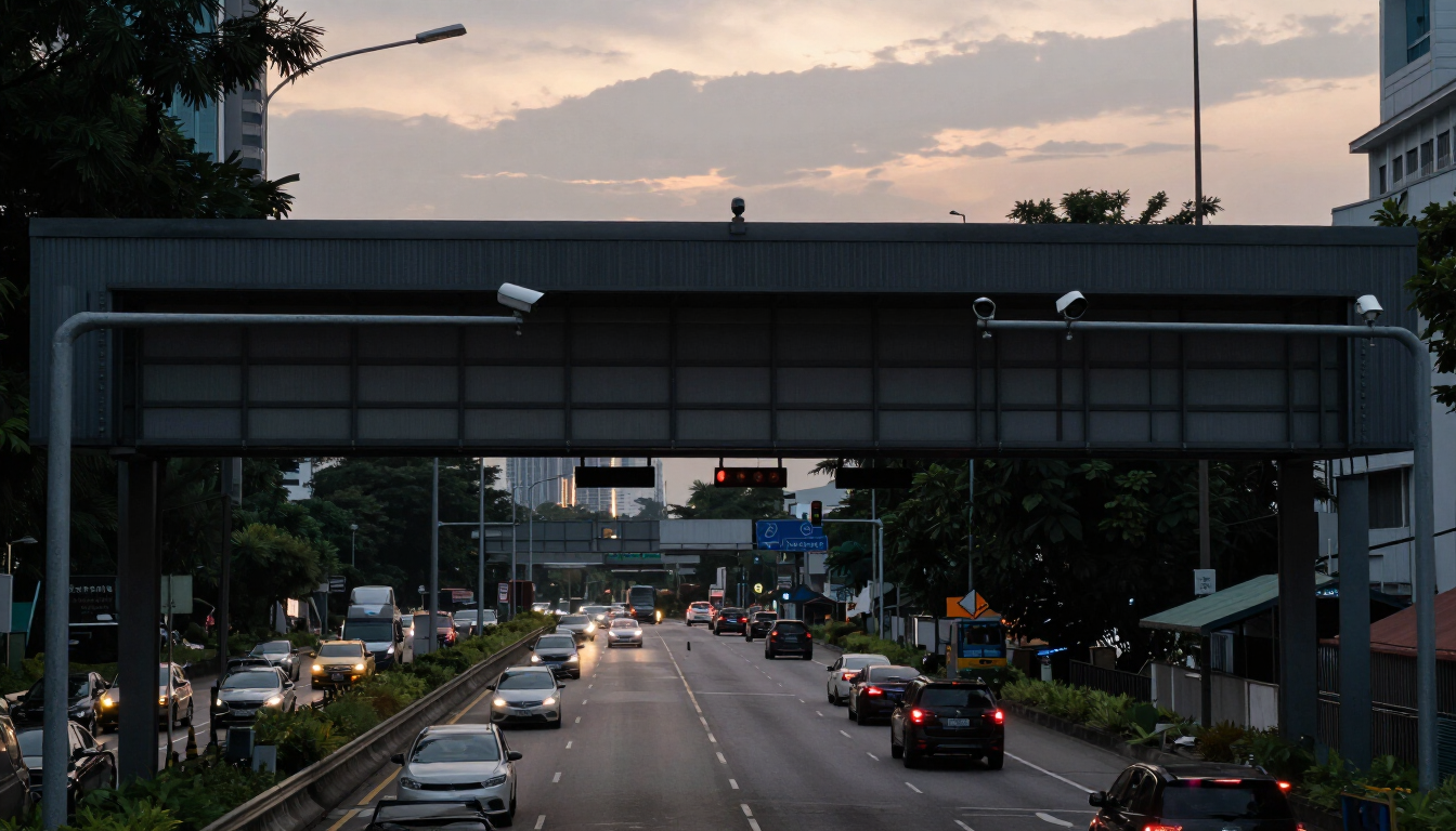 Traffic monitoring cameras and vehicle sensors on a highway gantry in Kuala Lumpur at dusk