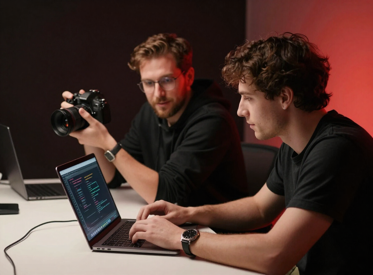 Two tech creators collaborating in a studio