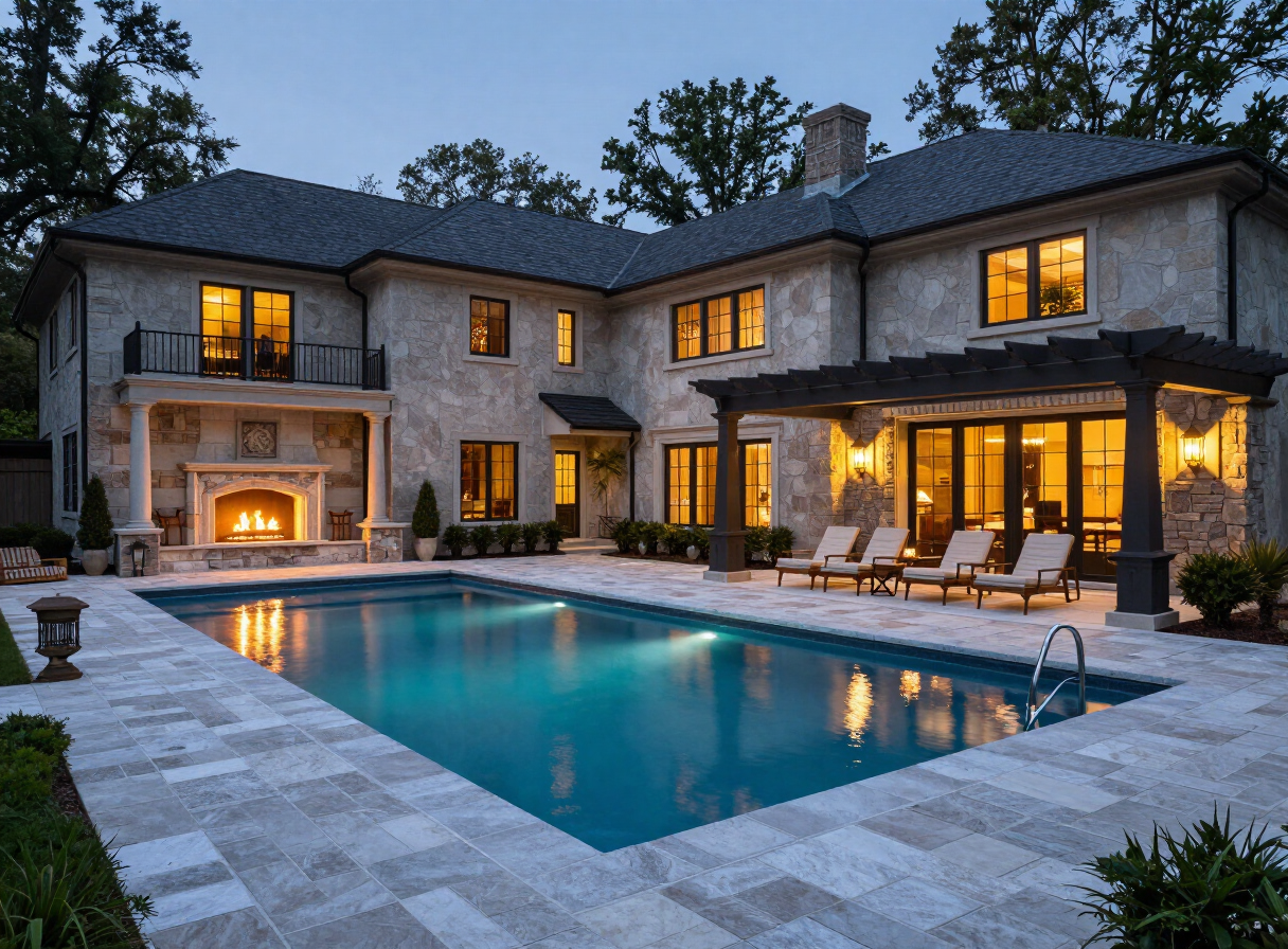 Luxury Charlotte estate pool terrace at dusk