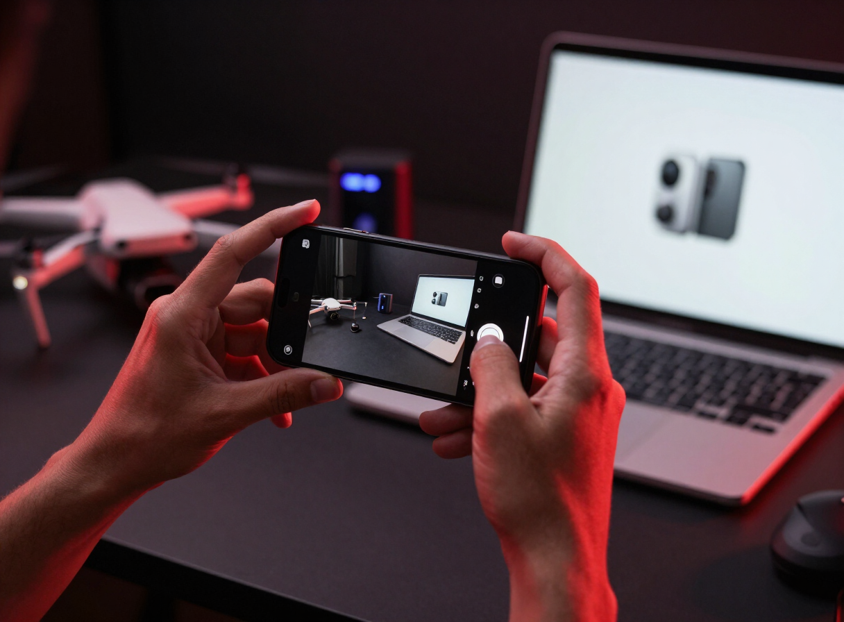 Hands filming a smartphone tech review at a studio desk