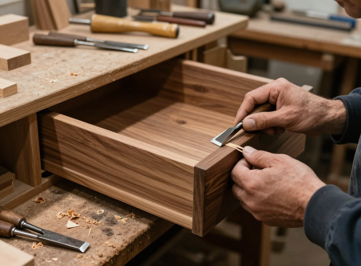 Craftsman hand-finishing a walnut drawer front in HS Kitchens Studio's New York joinery