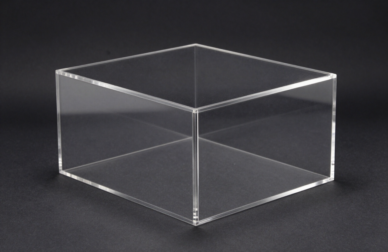 Large crystal-clear acrylic display box with polished edges on a dark backdrop