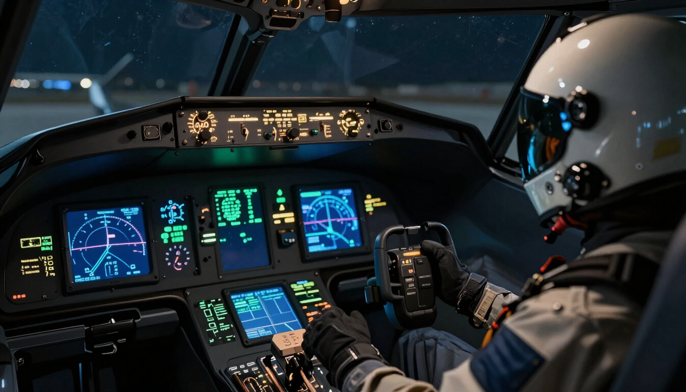 Fighter jet cockpit at night with glowing displays