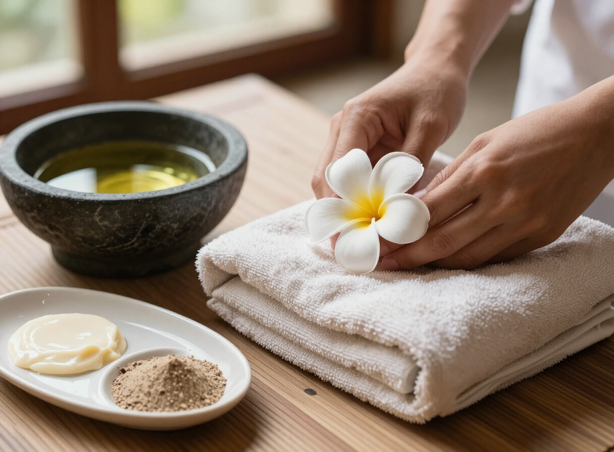 Hands placing a fresh frangipani flower on a folded warm towel beside a bowl of oil