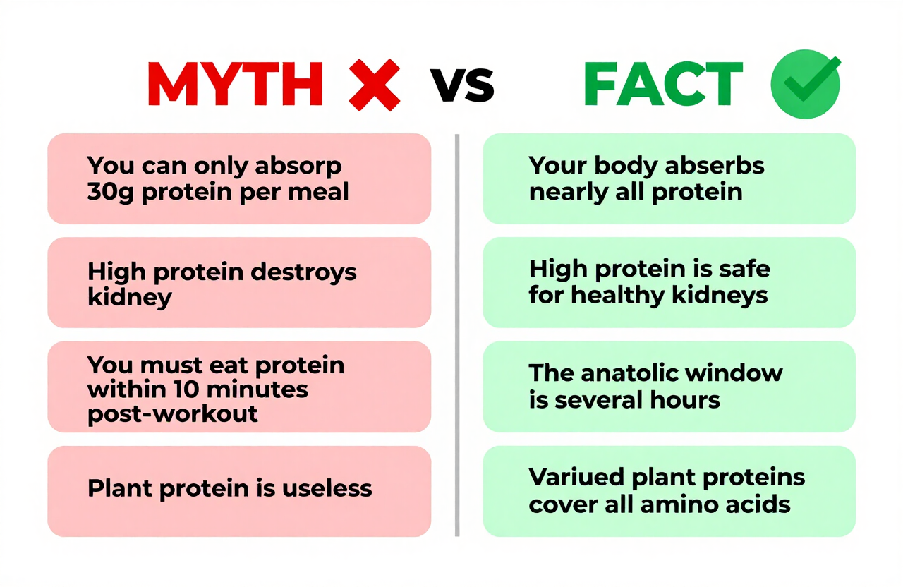 Myth vs Fact comparison graphic showing common protein myths on the left in red and the scientific facts on the right in green